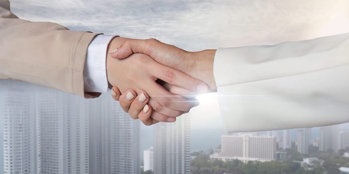Business partnership meeting concept. Image businesspeople handshake. Successful businesspeople handshaking after business deal.