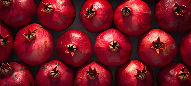 A pile of vibrant red pomegranates, a nutrientdense superfood, is displayed on a table. These seedless fruits are rich in antioxidants and considered a staple in natural foods