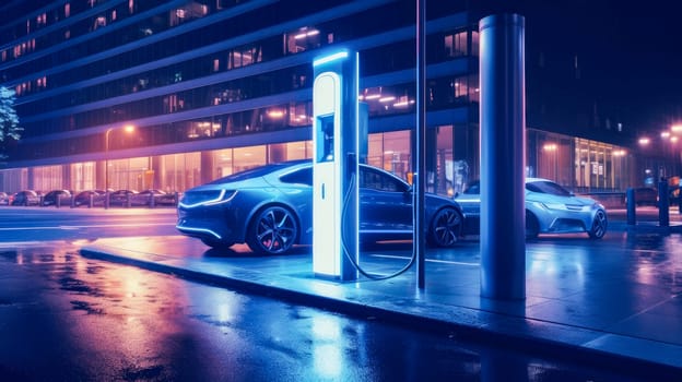 EV car or electric car at charging station with power cable connected on blurred nature with blue energy effect. Preserving clean air on Earth. Clean sustainable energy concept.