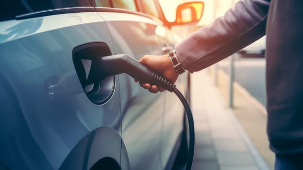 EV car or electric car at charging station with power cable connected on blurred nature with blue energy effect. Preserving clean air on Earth. Clean sustainable energy concept.