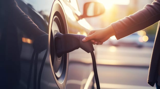 EV car or electric car at charging station with power cable connected on blurred nature with blue energy effect. Preserving clean air on Earth. Clean sustainable energy concept.