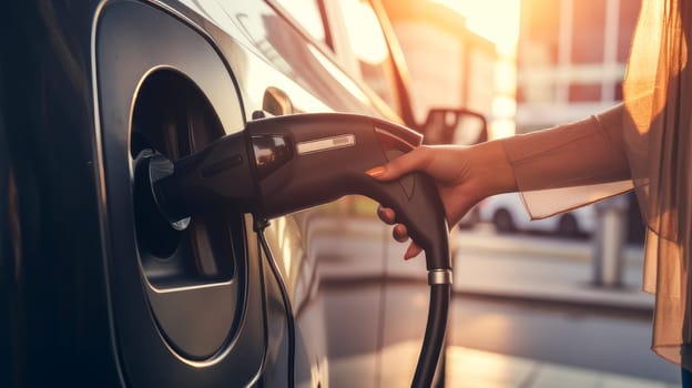 EV car or electric car at charging station with power cable connected on blurred nature with blue energy effect. Preserving clean air on Earth. Clean sustainable energy concept.