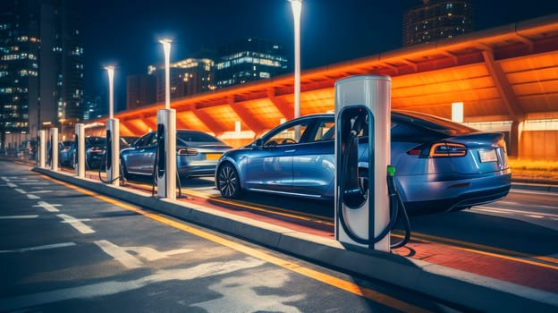 EV car or electric car at charging station with power cable connected on blurred nature with blue energy effect. Preserving clean air on Earth. Clean sustainable energy concept.
