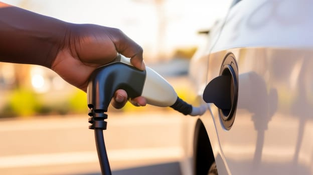 EV car or electric car at charging station with power cable connected on blurred nature with blue energy effect. Preserving clean air on Earth. Clean sustainable energy concept.