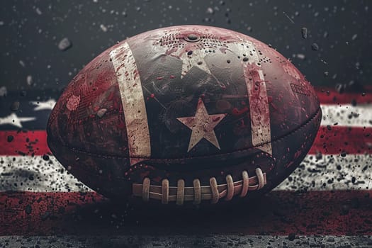 A worn American football ball lies on the grass against the background of the US flag.