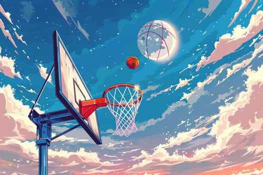 A basketball ball flies into the hoop, illustration in cartoon style.