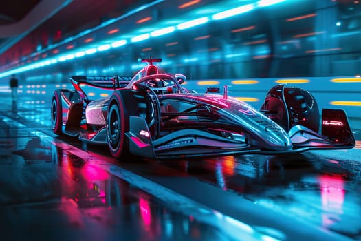 Racing car on the track in neon light with a motion effect. Concept of high speed, auto racing.