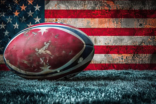 Close-up of a rugby ball on a blurred background with a usa flag.