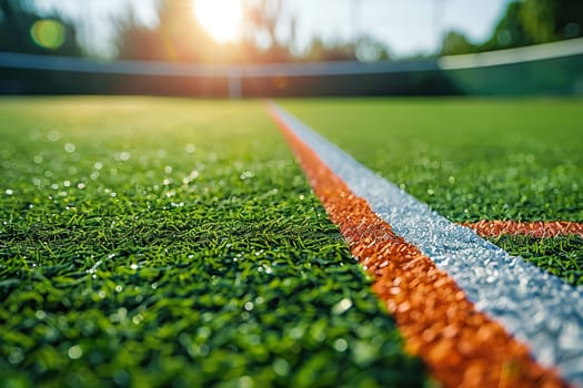 Close-up of a green tennis court or sports stadium surface.