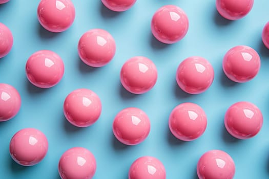 Repeating pattern with pink ping pong balls on a blue background. Sports concept, table tennis.