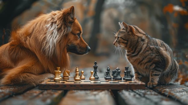 A cat and a dog playing chess, Business strategic planning concept.