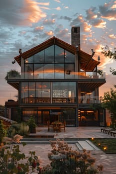 An urban design condominium featuring a large house with a facade of many windows, set against a picturesque sunset in a residential area