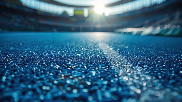 Close-up of a tennis court with blue turf. Ground level shot.