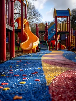 A vibrant playground with a colorful slide and stairs surrounded by lush grass, trees, and clear asphalt road surface. Located in the city, perfect for leisure activities on a sunny morning