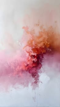 A close up of a magenta and peach painting resembling a hazy landscape, with hints of heat and fog, representing pollution event with smoke and gas on a white background