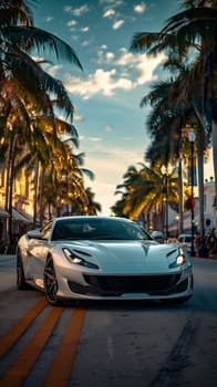 A sleek white vehicle is cruising down a palm treelined street under a clear sky, its automotive lighting illuminating the asphalt as it showcases its stylish automotive design