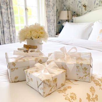 Wedding gifts and flowers in an elegant white bedroom, post-processed, generative ai