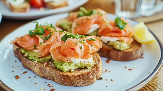 Avocado toast with smoked salmon for breakfast, homemade cuisine and traditional food, country life