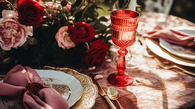 Wedding and event celebration tablescape with flowers, formal dinner table setting with roses and wine, elegant floral table decor for dinner party and holiday decoration, home styling idea