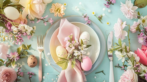 Easter tablescape decoration, floral holiday table decor for family celebration, spring flowers, Easter eggs, Easter bunny and vintage dinnerware, English country and home styling