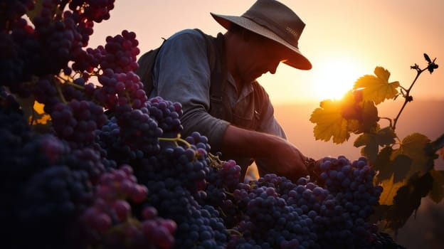 Man picking grapes: Manually picking blue grapes on vineyards to make wine. Wine making, vineyards, tourism business, small and private business, chain restaurant, flavorful food and drinks