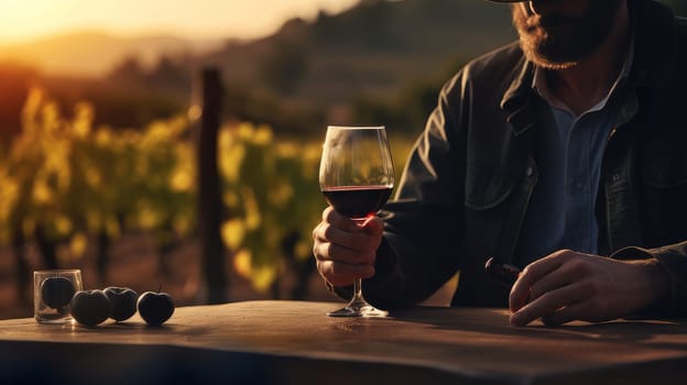 Authentic shot happy successful male winemaker is tasting a flavor checking red wine quality poured in transparent glass vineyards background sunset. Wine making, vineyards, tourism business, small private business, chain restaurant, flavorful drinks
