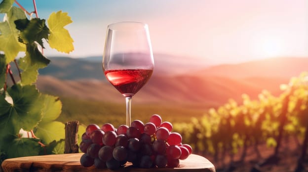 Red wine swirls in a glass. A bush of grapes before harvest. A hand holds a glass of white wine against a vineyard in the background of a rural landscape during sunset. Wine making, vineyards, tourism business, small and private business,