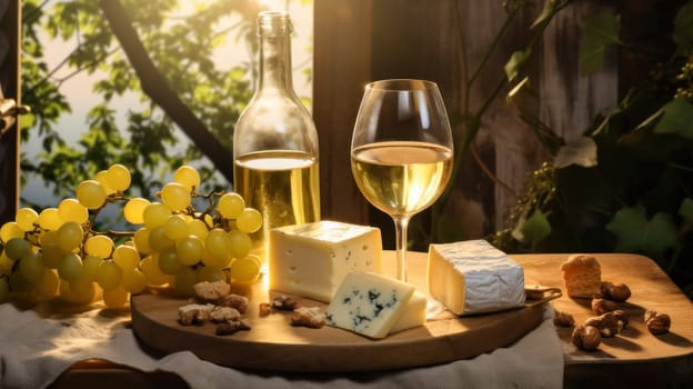 Refined still life with white wine, cheese and grapes on a wicker tray on a wooden table on a dark background. Wine making, vineyards, tourism business, small and private business, chain restaurant, flavorful food and drinks