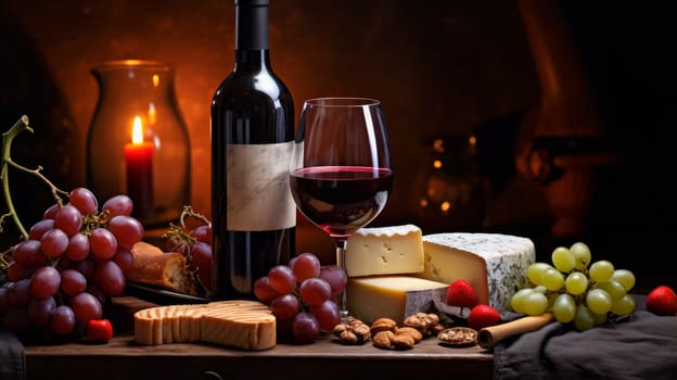Refined still life with red wine, cheese and grapes on a wicker tray on a wooden table on a dark background. Wine making, vineyards, tourism business, small and private business, chain restaurant, flavorful food and drinks