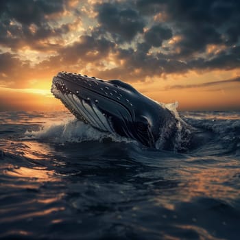 A stunningly beautiful whale in the ocean at sunset. High quality