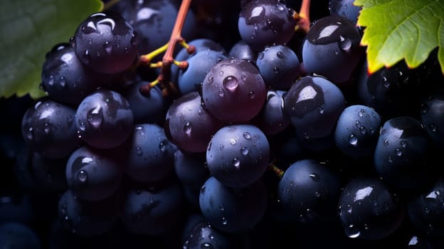 Blue black grapes with water drops, close-up background. Wine making, vineyards, tourism business, small and private business, chain restaurant, flavorful food and drinks