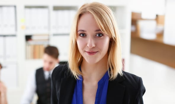 Beautiful smiling businesswoman portrait at workplace look in camera. White collar worker at workspace exchange market job offer certified public accountant internal Revenue officer concept