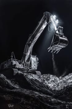 Conceptual image of an excavator with a holographic blueprint overlay on a dark background