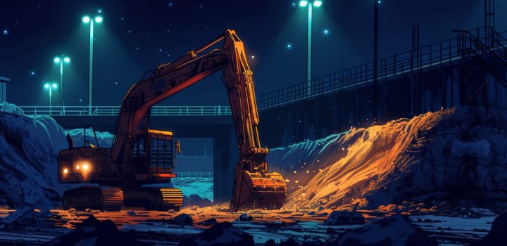 Artistic illustration of an excavator at work during a cold night with neon lights and snow