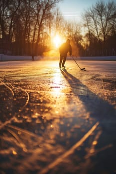 Silhouette of a hockey player practicing on an outdoor rink at sunset with trees in the background