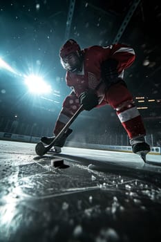 Dynamic close-up of a hockey player in action during a night game with stadium lights illuminating the rink