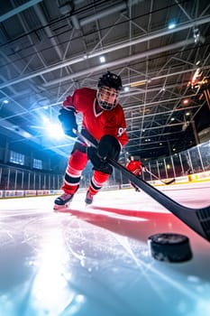 A hockey player in red uniform poised with his stick on the ice, dynamic lighting accentuating the scene