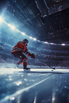 A hockey player in red uniform poised with his stick on the ice, dynamic lighting accentuating the scene