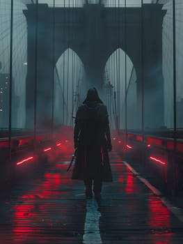 A figure in a trench coat glides across a rainsoaked bridge at night, the electric blue glow of automotive lighting casting shadows in vivid shades of magenta