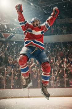 A hockey player in a red jersey leaps joyfully after scoring a goal, with the crowd cheering in the background
