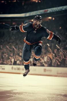 A hockey player in a blue jersey leaps joyfully after scoring a goal, with the crowd cheering in the background