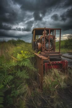 Old rusty bulldozer sitting abandoned in a lush field with overcast skies, evoking a sense of desolation