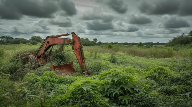 Weathered excavator left in overgrown foliage under a moody sky