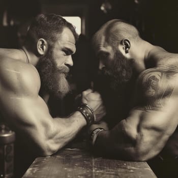 Monochrome image of two muscular bearded men in an intense arm wrestling match, evoking a classic, timeless feel