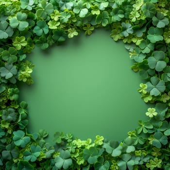A heart-shaped frame of clover leaves on a soft green background, symbolizing love and nature