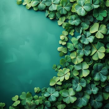 Artistic representation of clover leaves and golden stars on a gradient green background, suggesting festivity