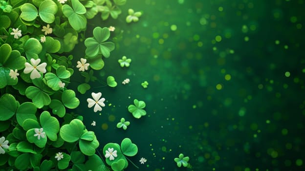 Artistic representation of clover leaves and golden stars on a gradient green background, suggesting festivity