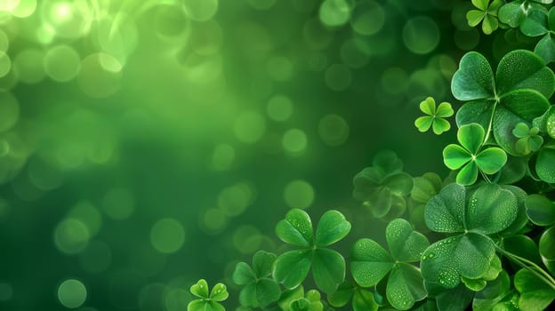A serene field of dew-kissed clovers under soft, sparkling lights, creating a magical ambiance with copy space for text