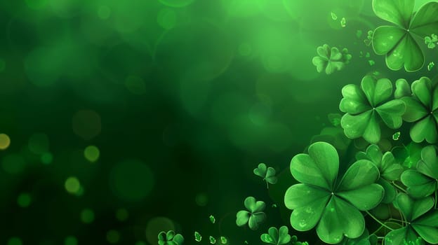 A serene field of dew-kissed clovers under soft, sparkling lights, creating a magical ambiance with copy space for text