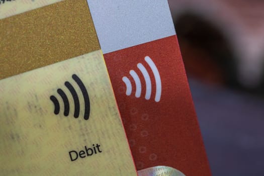 Close-up of credit cards. Contactless payment